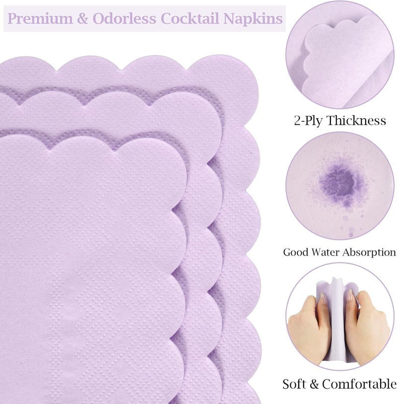 Hoiny 100 Pcs Cocktail Napkins, 2-Ply 5 x 5 Inches Disposable Scalloped Napkins, Thick Premium Dessert Napkins for Party, Wedding, Dinner, Birthday, Anniversary, Festival (Light Purple) - Image 3